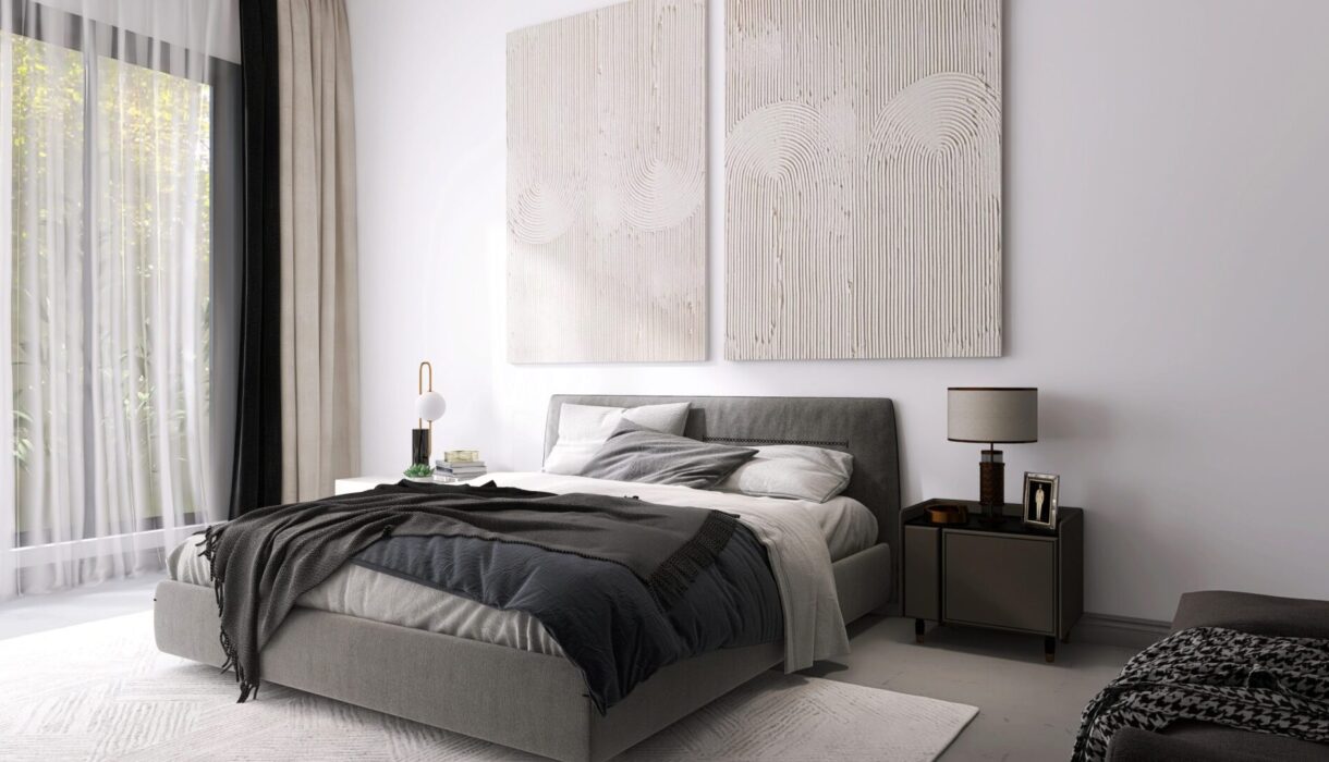 CHIC ET CONFORT_CHAMBRE PARENTALE Vue complète d'un lit et 2 toiles murales
