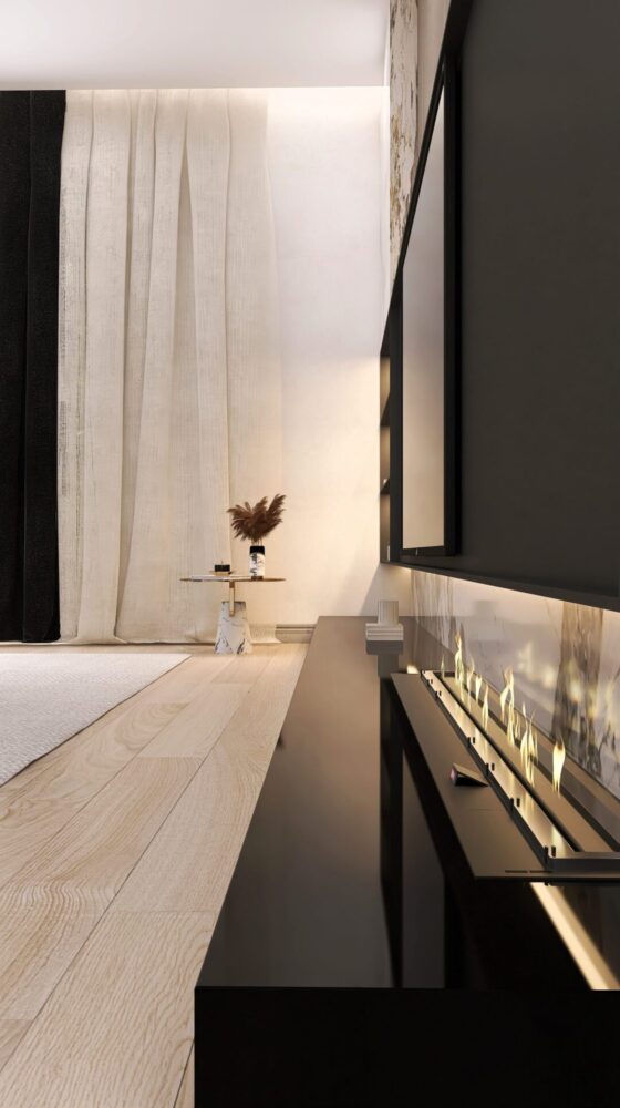 CHIC ET CONFORT_CHEMINEE Vue de profil d'une télévision avec un meuble design chic