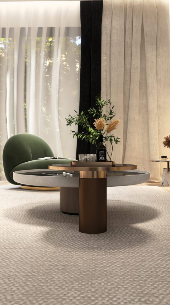 CHIC ET CONFORT_TABLE BASSE Table basse chic et confort avec un fauteuil en fond